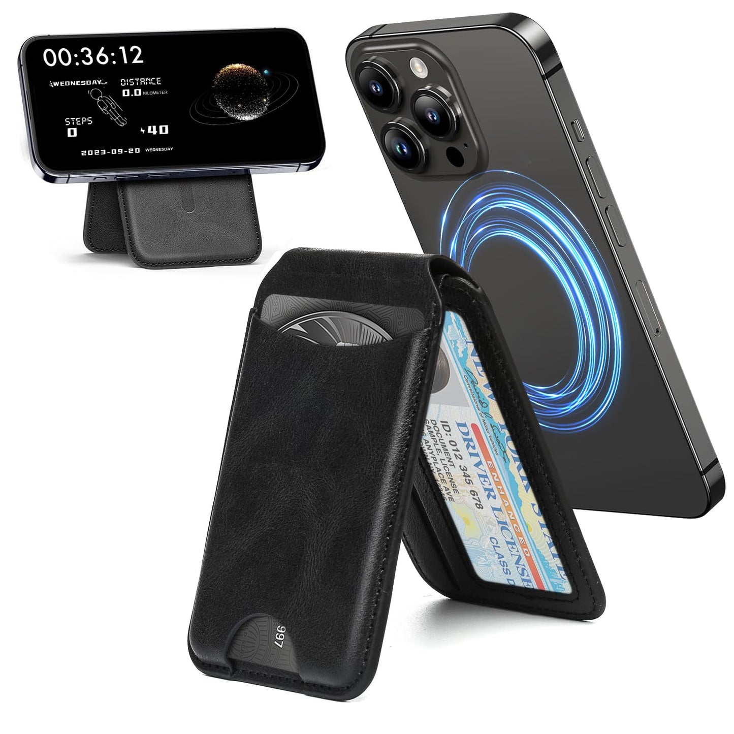 Natyos Magnetic Wallet Compatible with Mag-Safe Wallet Adjustable Stand Leather Magnetic Card Holder for iPhone 16/15/14/13/12 Series Black