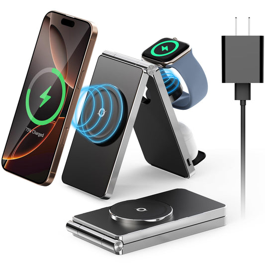 2024 Charging Station for Apple Multiple Devices - 3 in 1 Foldable Magnetic Wireless Charger Dock - Travel Charging Pad for iPhone 16 15 14 13 12 Pro Max Plus Watch & Airpods