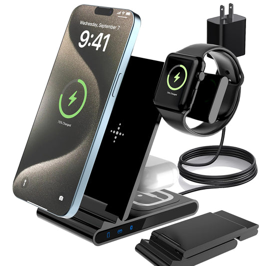 Wireless Charger 3 in 1 Wireless Charging Station for iPhone 15 14 13 12 11 Pro Max XR XS etc and Qi-Enabled Phones for iWatch 9 8 7 6 5 4 3 2 SE for AirPods Pro 3 2 (Black)